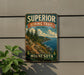 A vintage-style metal sign for the Superior Hiking Trail in Minnesota, featuring a scenic mountain landscape with pine trees and a winding trail.