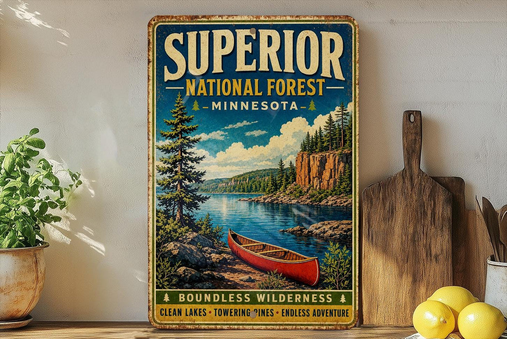 A vintage-style sign for Superior National Forest in Minnesota, featuring a canoe on a lake surrounded by pine trees and mountains.
