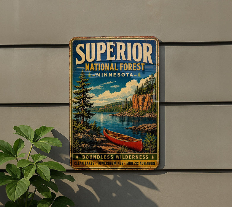 A vintage metal sign advertising the Superior National Forest in Minnesota, featuring a canoe on a river surrounded by pine trees and mountains.