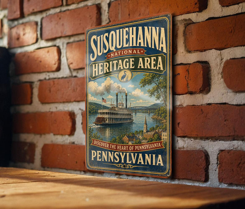 A vintage-style metal sign for Susquehanna National Heritage Area, featuring a steamboat and a scenic landscape, is displayed on a brick wall.