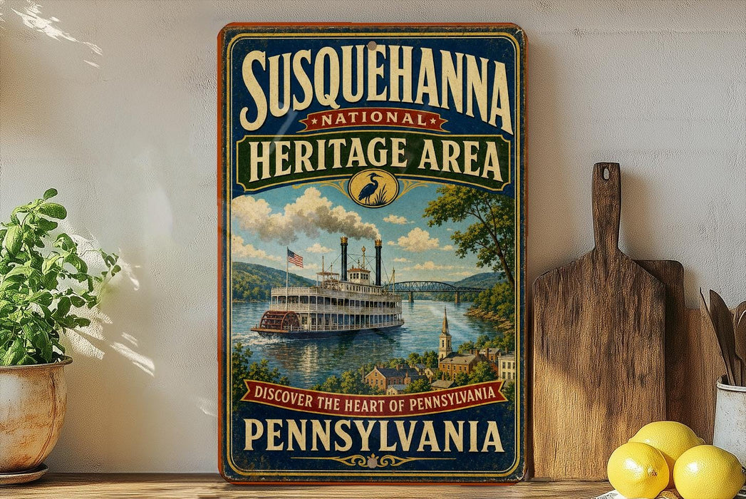 A vintage-style sign for Susquehanna National Heritage Area, featuring a steamboat on a river and a scenic landscape.