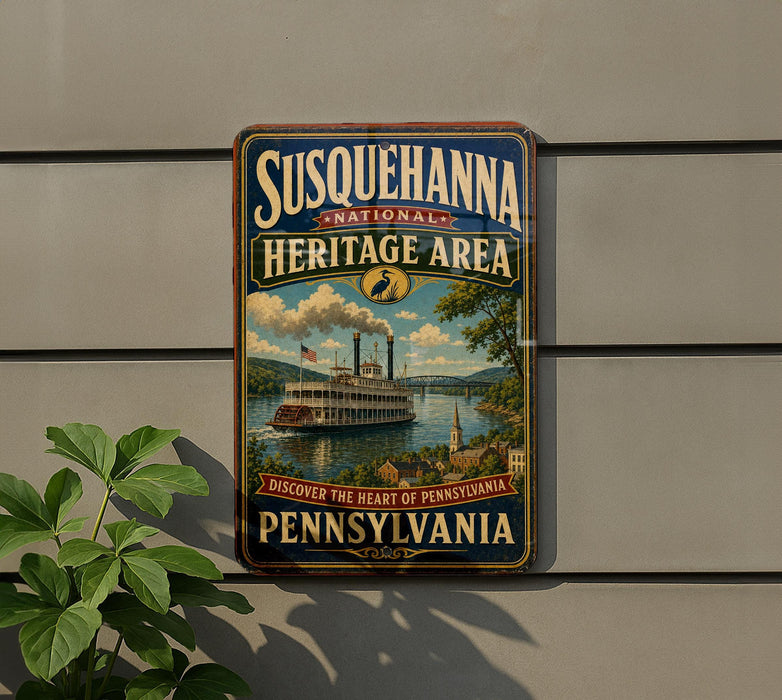 A vintage-style sign for Susquehanna National Heritage Area, featuring a steamboat and a scenic landscape, mounted on a wall.