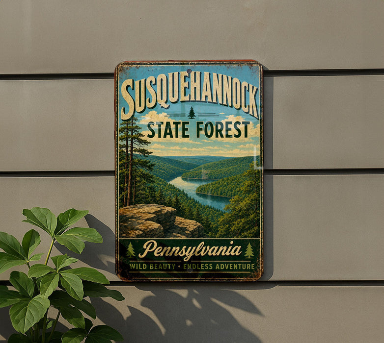 A vintage-style metal sign for Susquehannock State Forest in Pennsylvania, featuring a scenic landscape with a river and forest.