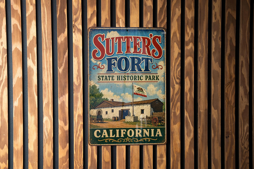 A vintage metal sign for Sutter's Fort State Historic Park in California, featuring an illustration of a historic building and the state flag.