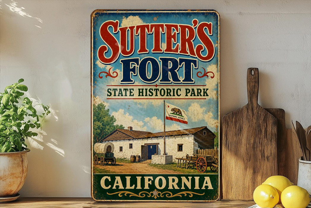 a vintage-style sign for Sutter's Fort State Historic Park in California, with a wooden paddle and a potted plant in the foreground.