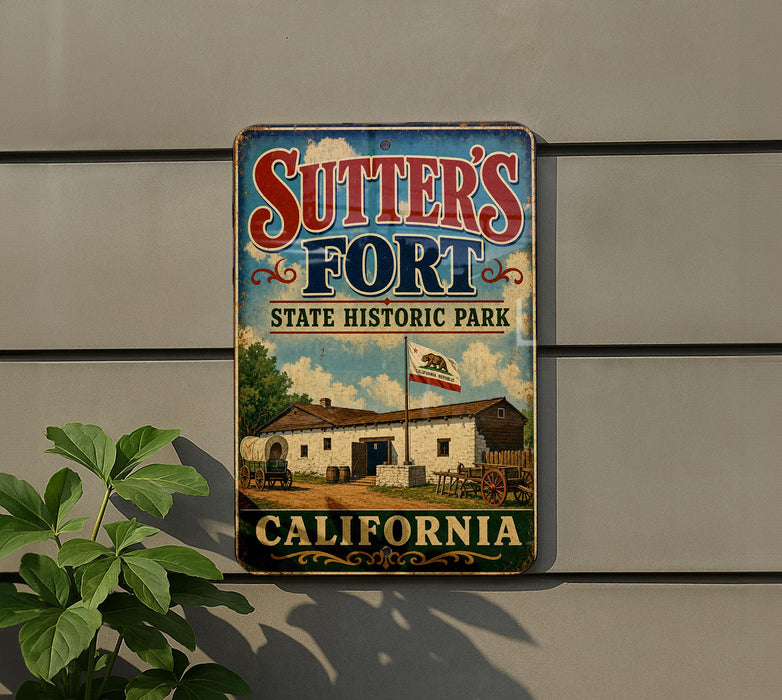 A vintage-style metal sign for Sutters Fort, a State Historic Park in California, featuring an illustration of a historic building and a California state flag.