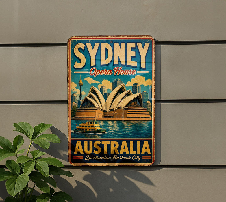 A vintage-style metal sign with the text "SYDNEY Opera House" and "AUSTRALIA Spectacular Harbour City" is displayed on a wall, with a plant to the left.