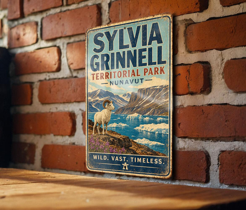 A vintage-style metal sign with the text "SYLVIA GRINNELL TERRITORIAL PARK NUNAVUT" and a depiction of a white ram standing on a rocky outcrop with a scenic background of mountains and water.