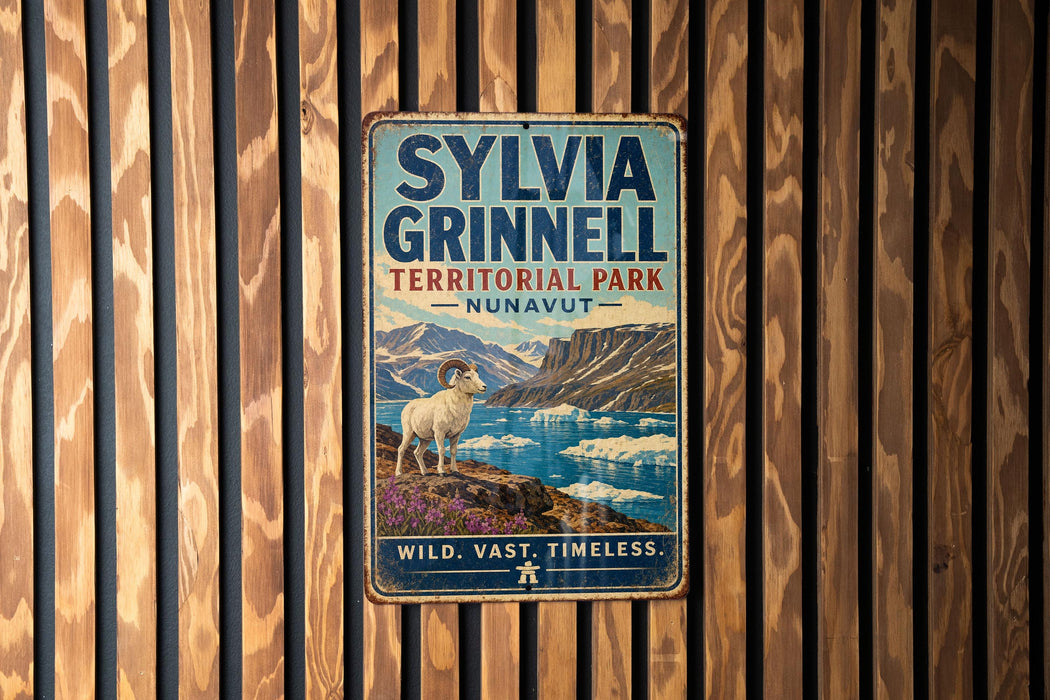 A vintage-style metal sign for Sylvia Grinnell Territorial Park in Nunavut, featuring a white goat on a rocky cliff overlooking a body of water.