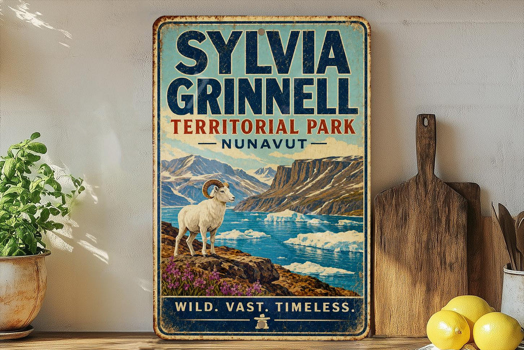 A vintage-style sign for Sylvia Grinnell Territorial Park in Nunavut, featuring a white ram standing on a rocky outcrop overlooking a body of water.