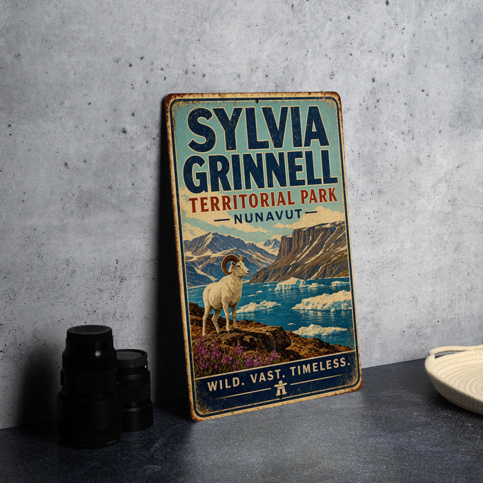 A vintage-style sign for Sylvia Grinnell Territorial Park, featuring a mountain landscape with a ram in the foreground.
