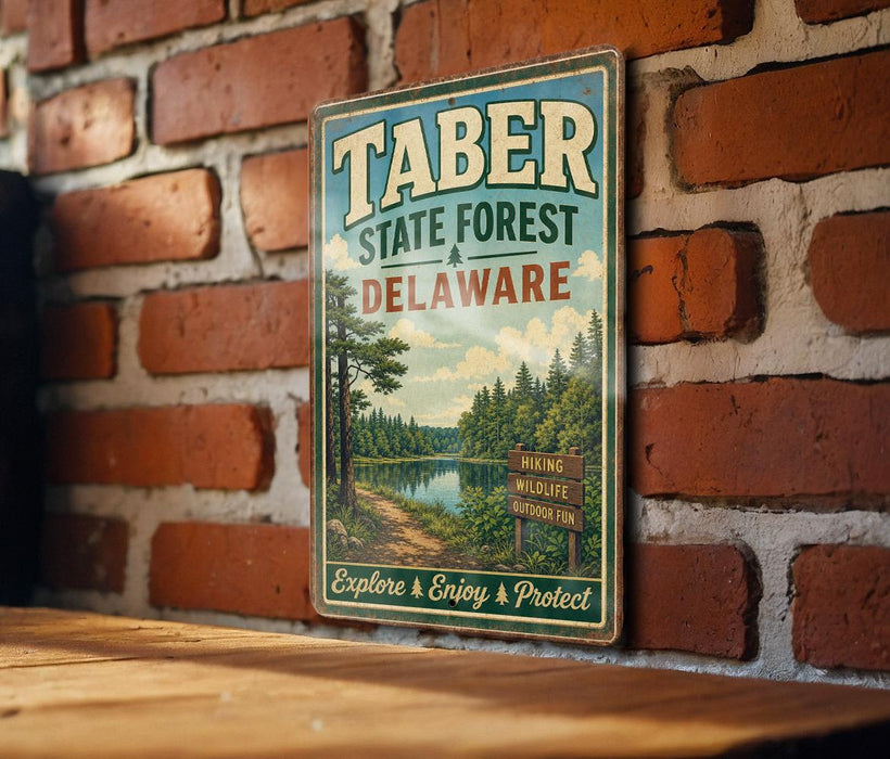 A vintage metal sign for the Taber State Forest in Delaware, featuring a scenic image of a forest and a lake, mounted on a brick wall.