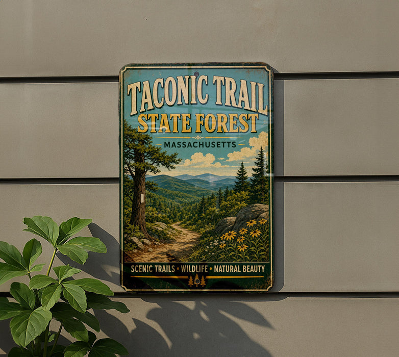 A vintage-style metal sign for the Taconic Trail State Forest in Massachusetts, featuring a scenic landscape with pine trees, mountains, and a winding path.