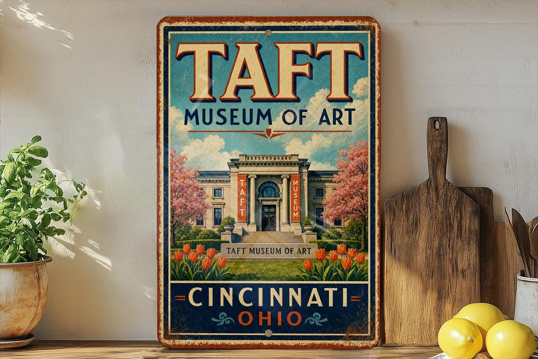 A vintage-style metal sign for the Taft Museum of Art in Cincinnati, Ohio, featuring an illustration of the museum building surrounded by flowers and trees.