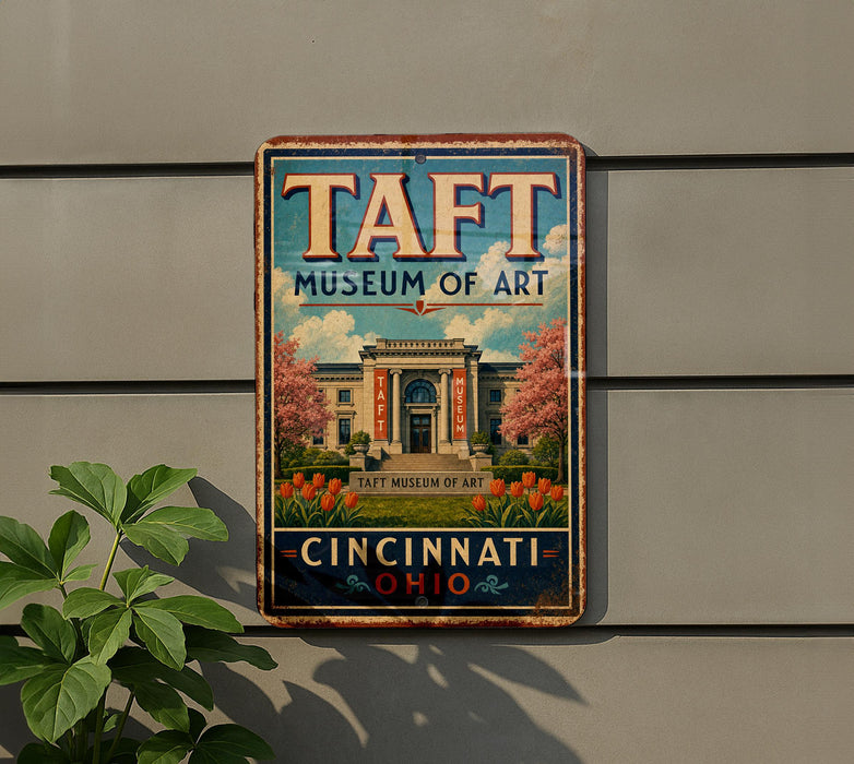 A vintage metal sign for the Taft Museum of Art in Cincinnati, Ohio, featuring a building with a large archway and surrounded by flowers.
