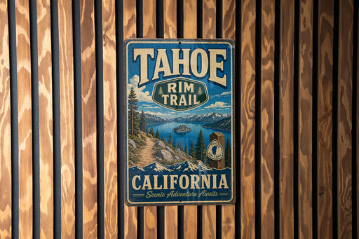 A metal sign with the text "TAHOE TRIM TRAIL CALIFORNIA" and a scenic mountain landscape is displayed on a wooden wall.