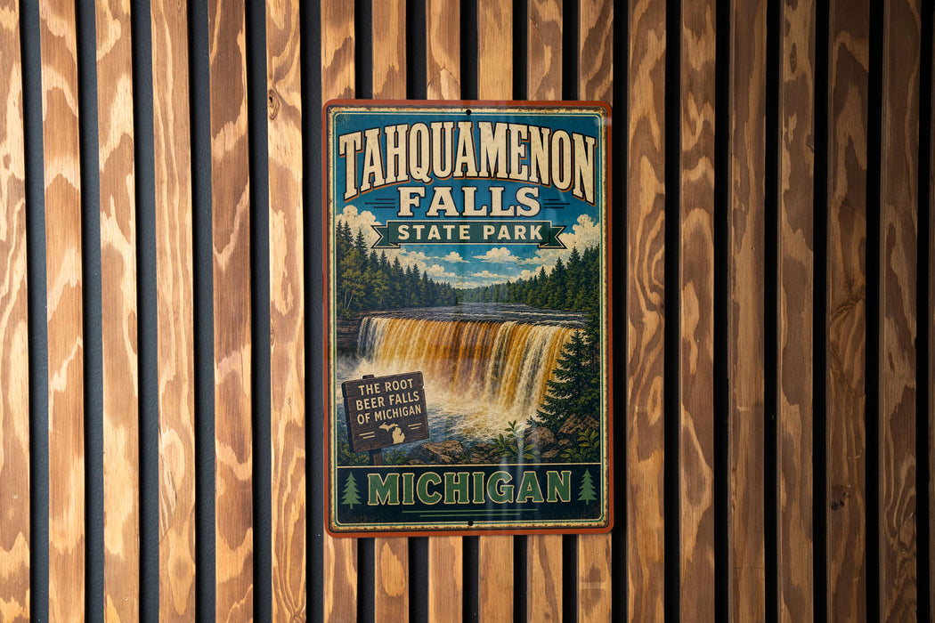 A vintage-style metal sign for Tahquamenon Falls State Park in Michigan, featuring a waterfall and forest scenery.