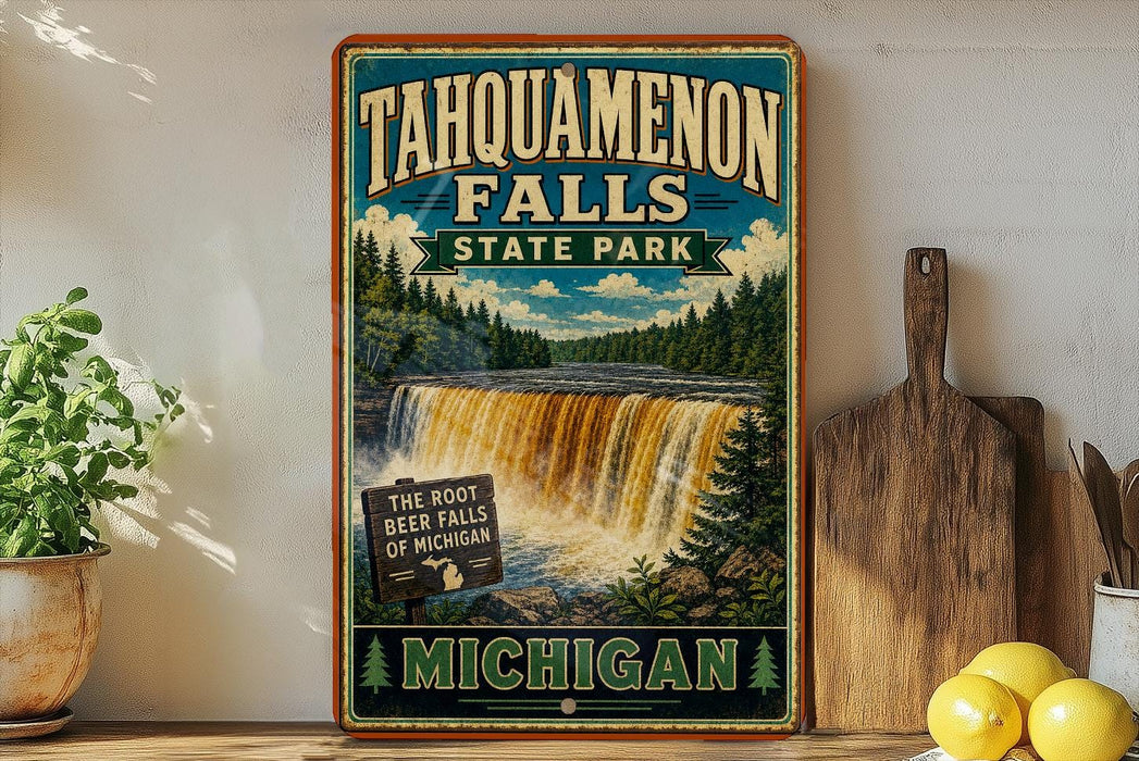 A vintage-style sign for Tahquamenon Falls State Park in Michigan, featuring a waterfall and forest scenery.