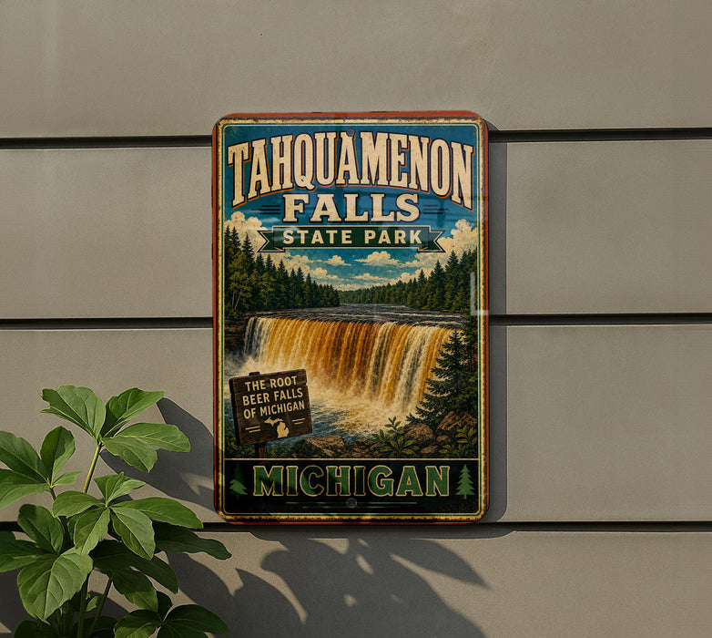 A vintage-style sign for Tahquamenon Falls State Park in Michigan, featuring a waterfall and forest scenery.