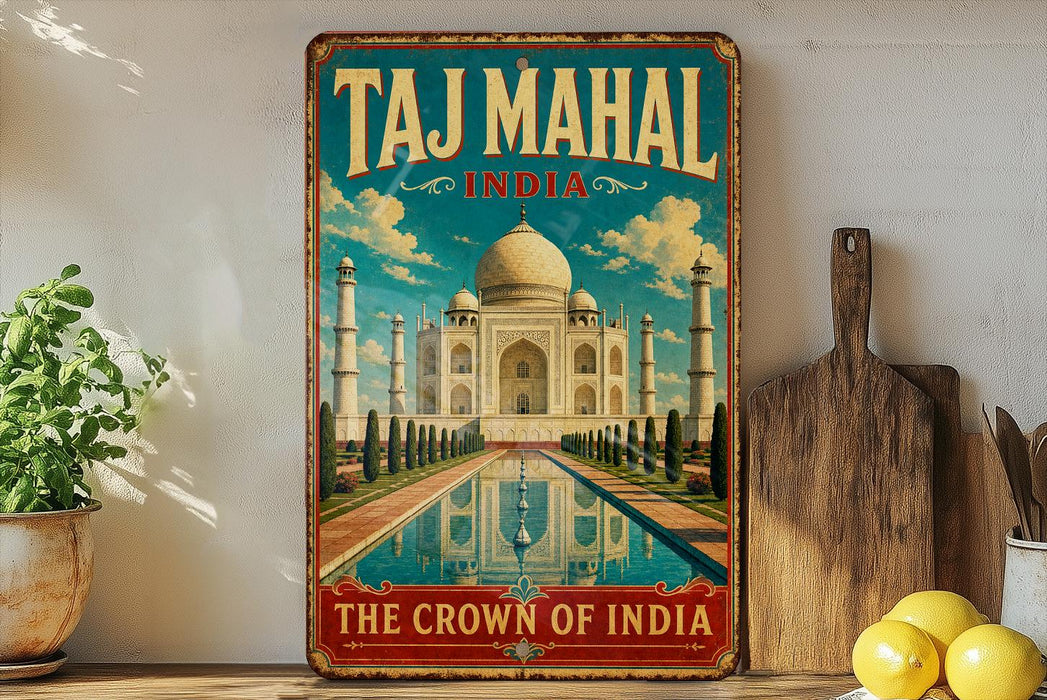 A vintage-style poster of the Taj Mahal in India, featuring the iconic white marble mausoleum and its reflection in a pool.