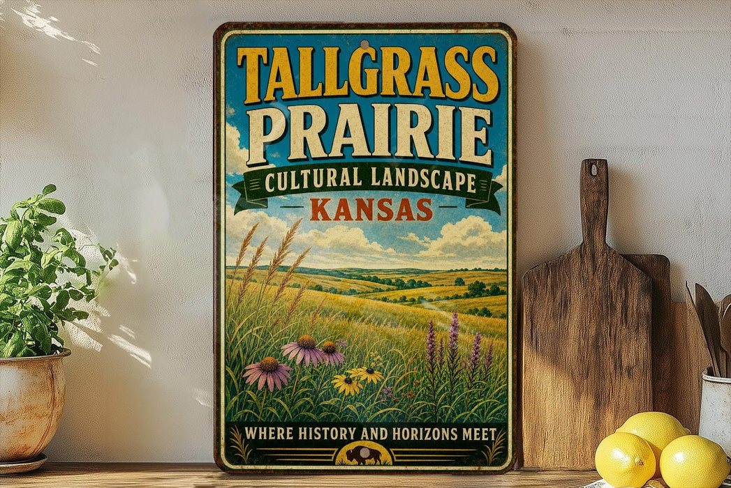 A vintage-style sign for Tallgrass Prairie, Kansas, featuring a pastoral landscape with flowers and a wooden cutting board.