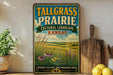 A vintage-style sign for Tallgrass Prairie, Kansas, featuring a pastoral landscape with flowers and a wooden cutting board.