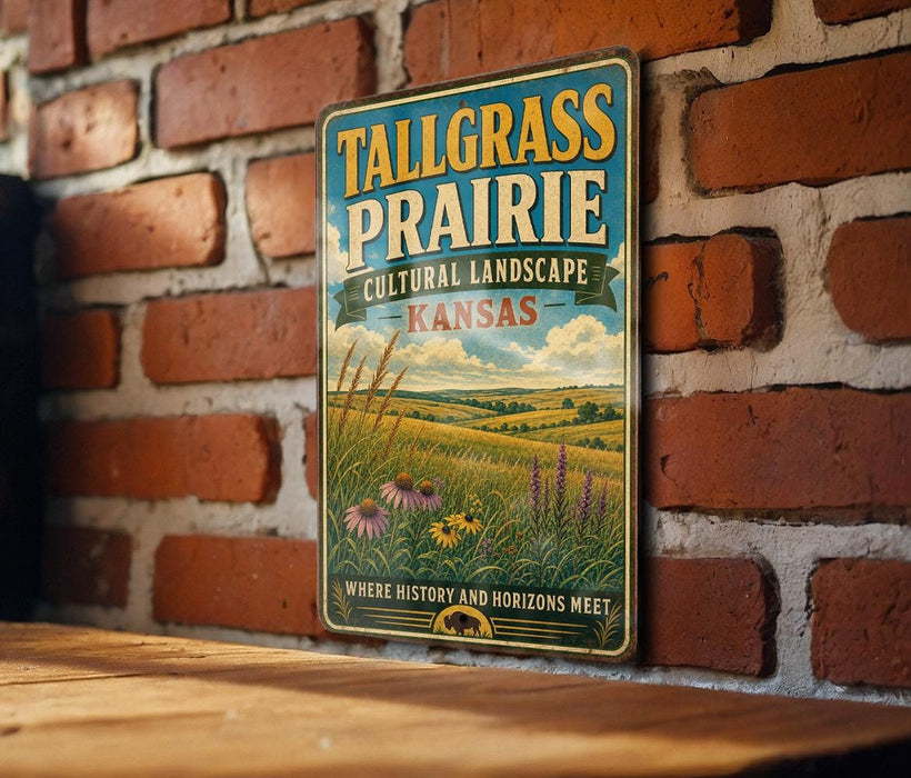 A vintage-style metal sign for Tallgrass Prairie, Kansas, featuring a pastoral landscape with flowers and grass.