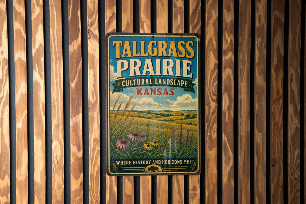 A vintage-style metal sign for Tallgrass Prairie, Kansas, featuring a pastoral landscape with flowers and grass.