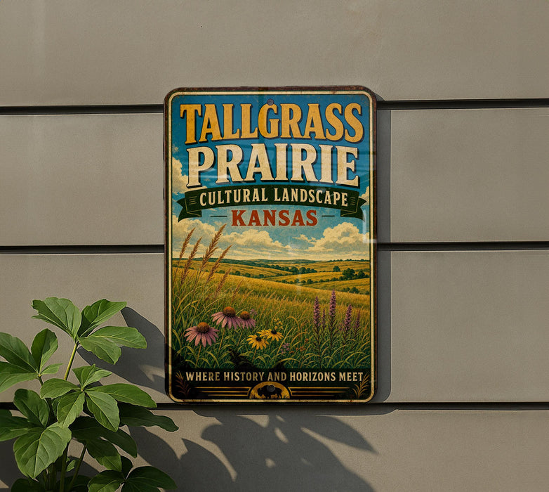 A vintage-style metal sign for Tallgrass Prairie, Kansas, featuring a scenic landscape with tall grass, flowers, and a blue sky with clouds.