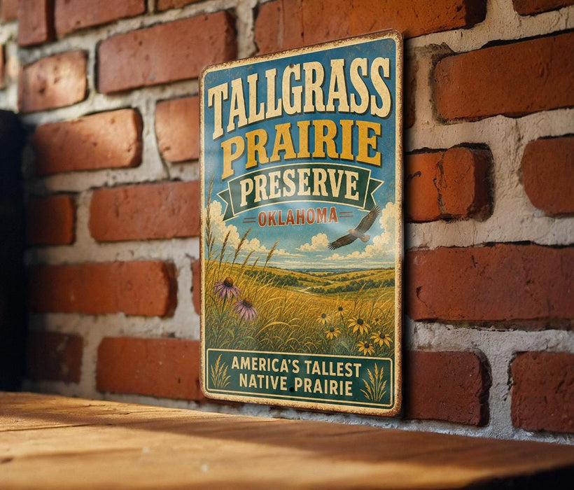 A vintage metal sign for Tallgrass Prairie Preserve in Oklahoma, featuring a scenic landscape with tall grasses and wildflowers.