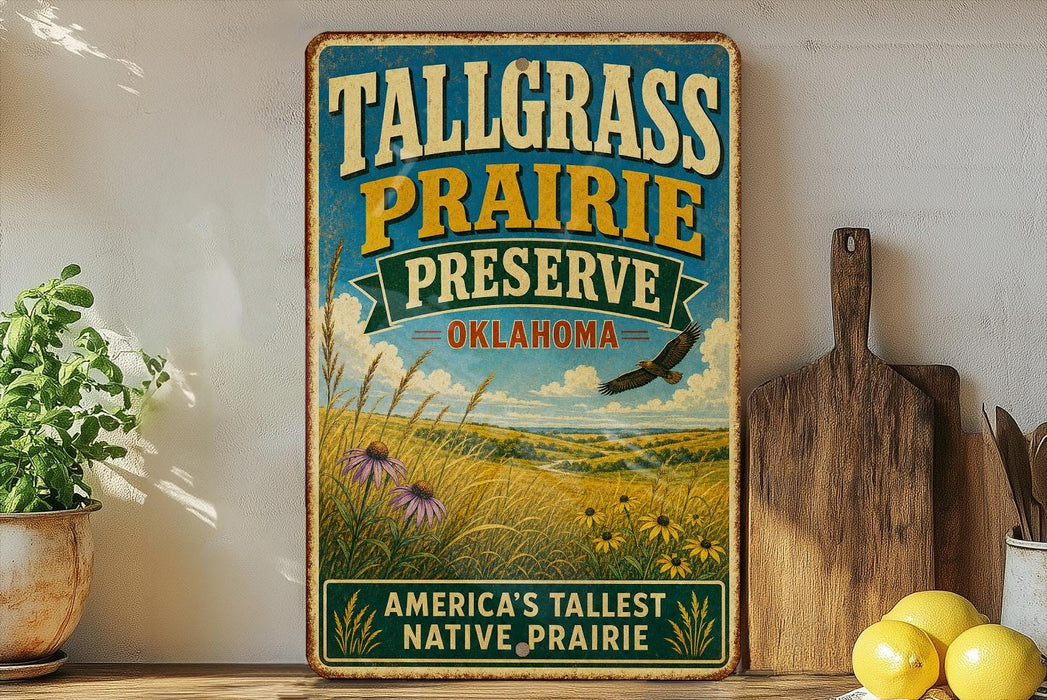 A vintage-style sign for Tallgrass Prairie Preserve in Oklahoma, featuring a scenic landscape with a bird in flight and flowers.