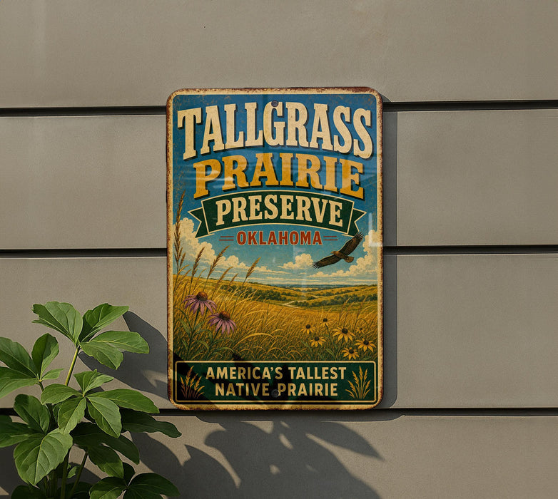 A vintage metal sign for Tallgrass Prairie Preserve in Oklahoma, featuring a scenic landscape with a bird in flight and wildflowers.