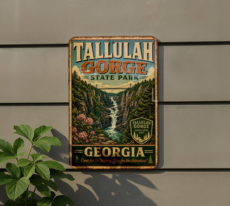 A vintage metal sign for Tallulah Gorge State Park in Georgia, featuring a scenic image of the waterfall and surrounding landscape.