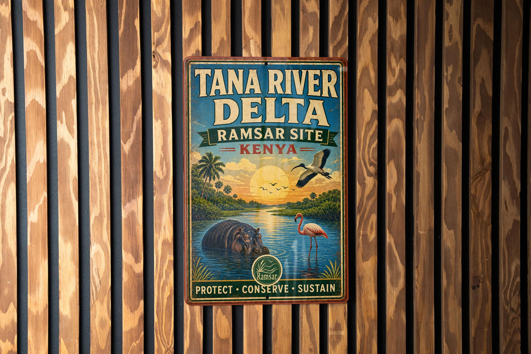 A vintage-style metal sign with text and illustrations, mounted on a wooden wall.