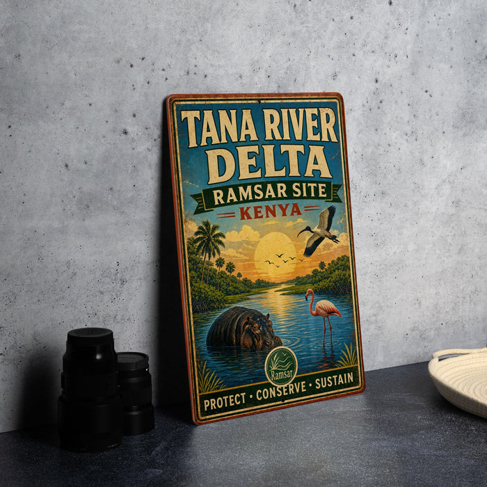 A vintage-style metal sign for the Tana River Delta in Kenya, featuring an illustration of a hippopotamus, flamingo, and other wildlife in a scenic landscape.