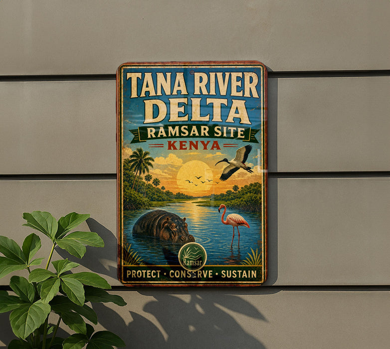 A vintage-style metal sign with a colorful illustration of wildlife, including a flamingo, hippopotamus, and bird, set against a sunset backdrop.