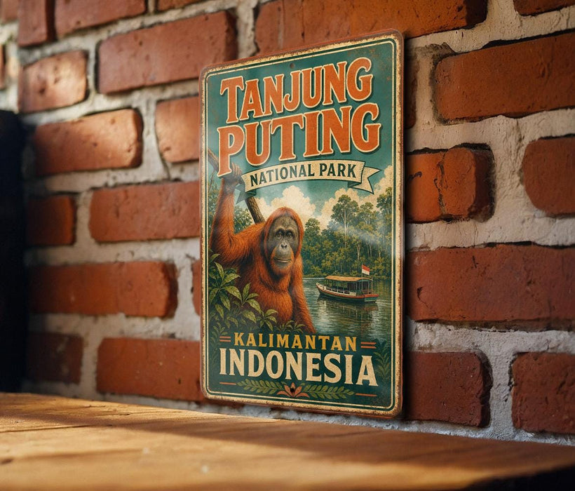 A vintage-style metal sign for Tanjung Puting National Park in Kalimantan, Indonesia, featuring an illustration of an orangutan and a boat on a river.