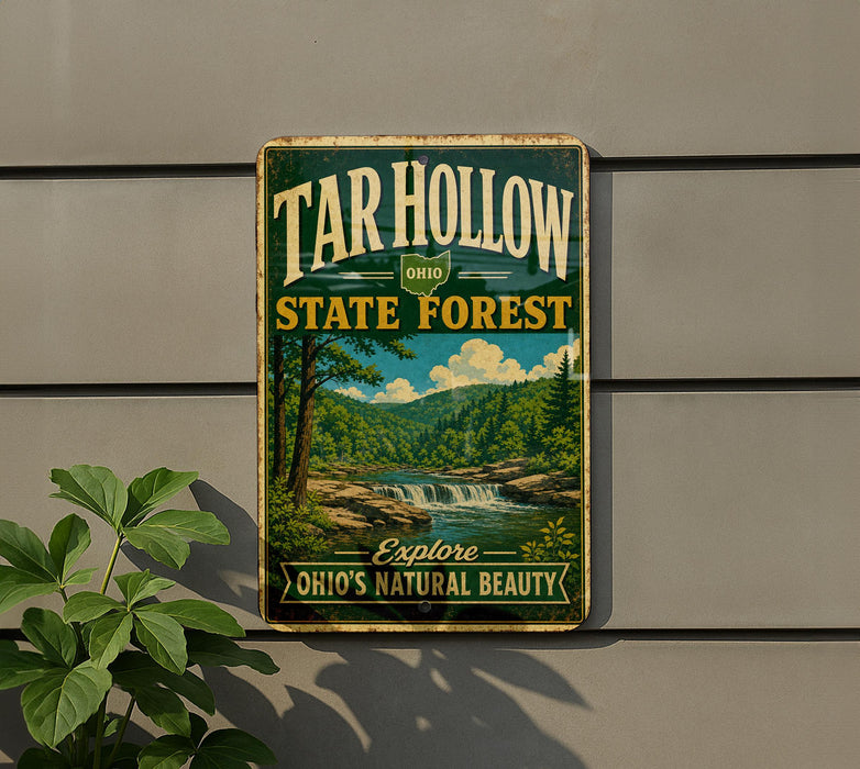 A vintage-style sign for the Tar Hollow State Forest in Ohio, featuring a scenic landscape with a waterfall and forest.