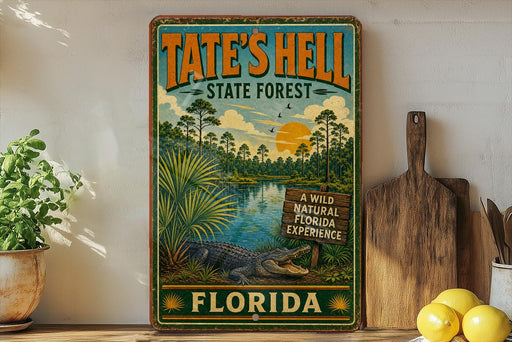 A vintage-style metal sign for Tate's Hell State Forest in Florida, featuring a tropical landscape with palm trees, a lake, and an alligator.
