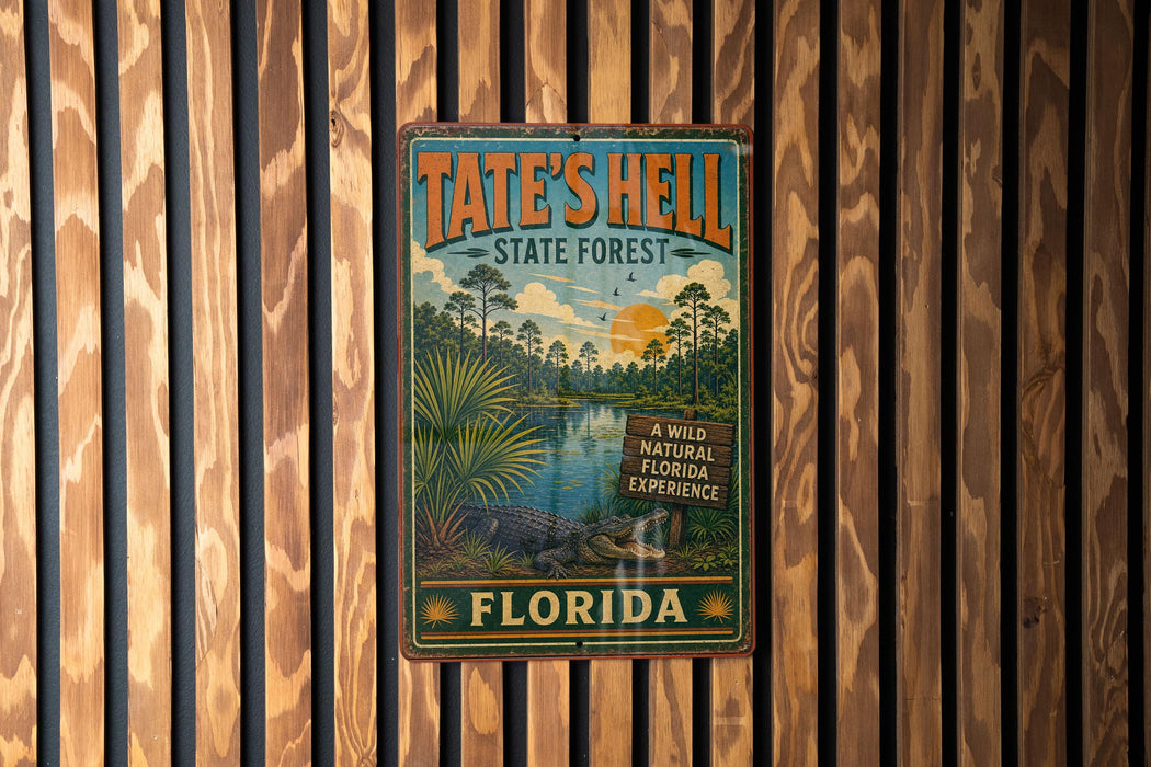 A vintage metal sign for Tate's Hell State Forest in Florida, featuring a tropical landscape with palm trees, a crocodile, and a sunset.