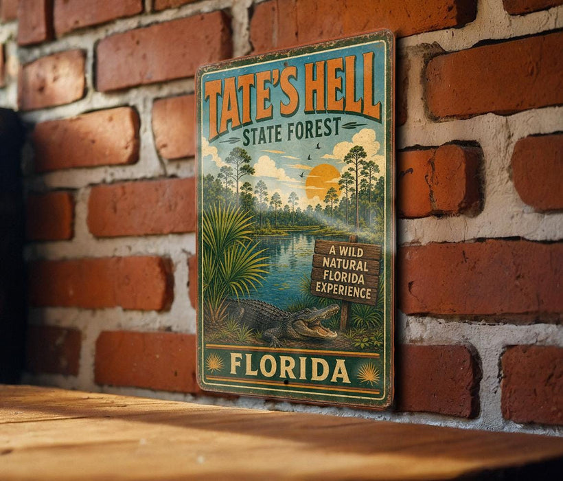 A vintage-style metal sign for Tate's Hell State Forest in Florida, featuring a tropical landscape with palm trees, a crocodile, and a sunset.