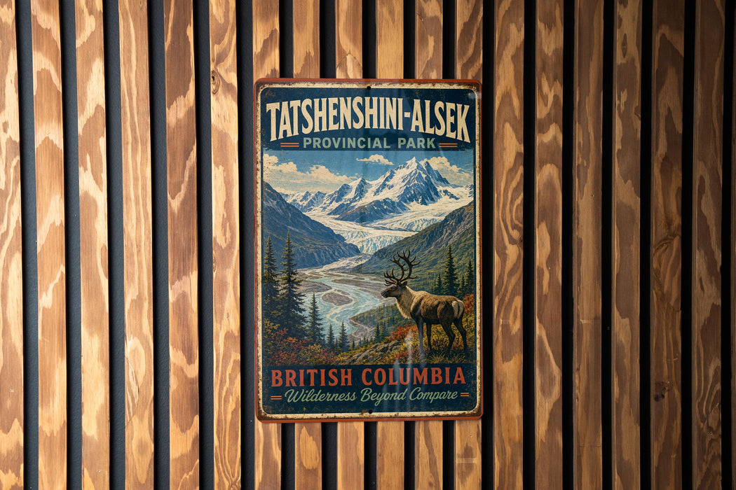 A vintage-style metal sign for Tatshenshini-Alsek Provincial Park in British Columbia, Canada, featuring a scenic mountain landscape with a reindeer in the foreground.