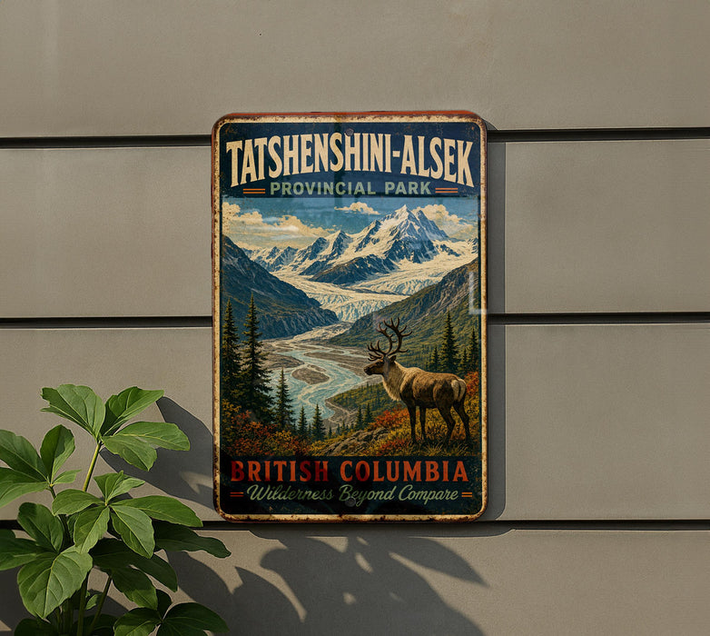 A vintage-style metal sign with a scenic mountain landscape and a reindeer, advertising Tatshenshini-Alsek Provincial Park in British Columbia, Canada.