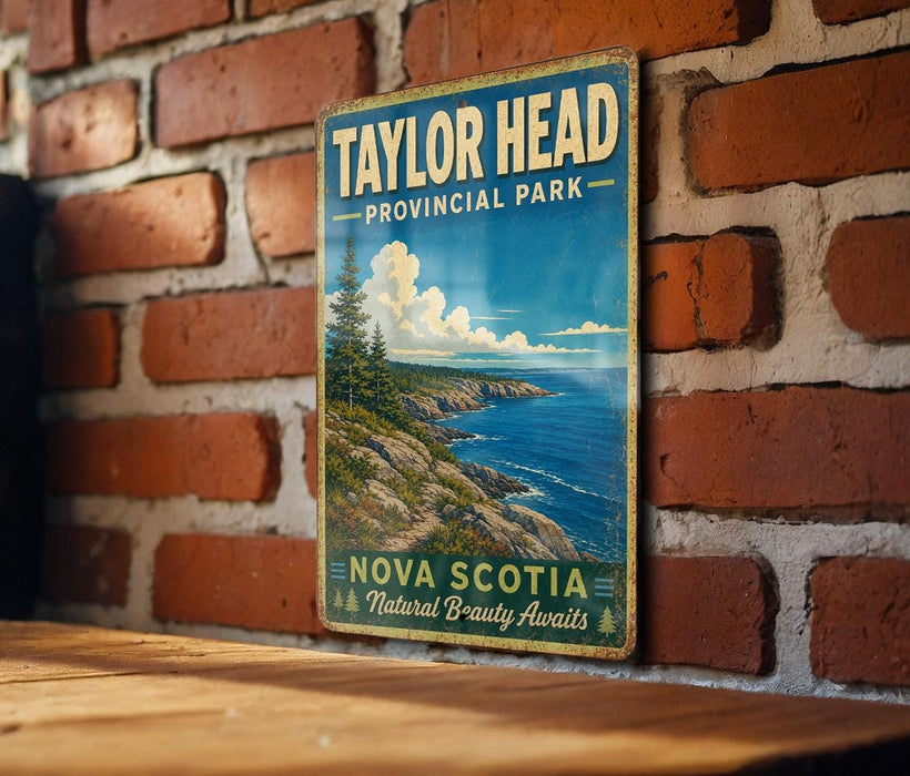 A vintage-style metal sign for Taylor Head Provincial Park in Nova Scotia, featuring a scenic coastal landscape with pine trees and a rocky coastline.