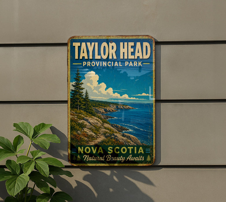 A vintage-style metal sign for Taylor Head Provincial Park in Nova Scotia, featuring a scenic coastal landscape with pine trees and rocky cliffs.