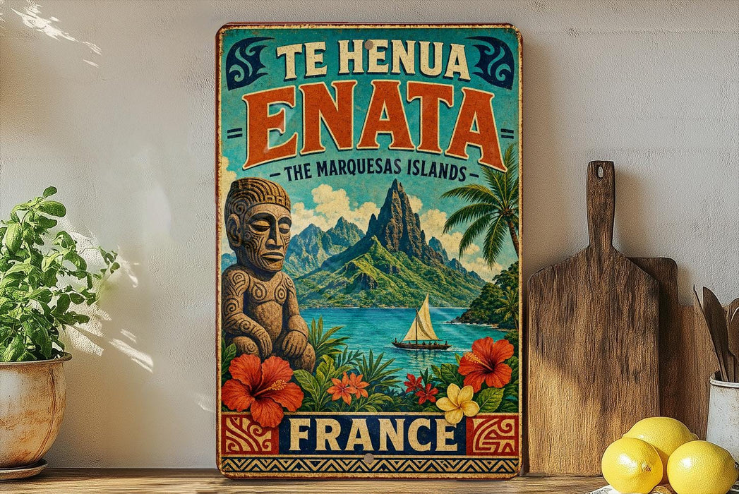 A vintage-style poster advertising Te Henua Enata, the Marquesas Islands in France, featuring a tropical island landscape with a statue, hibiscus flowers, and a sailboat.