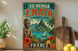 A vintage-style poster advertising Te Henua Enata, the Marquesas Islands in France, featuring a tropical island landscape with a statue, hibiscus flowers, and a sailboat.