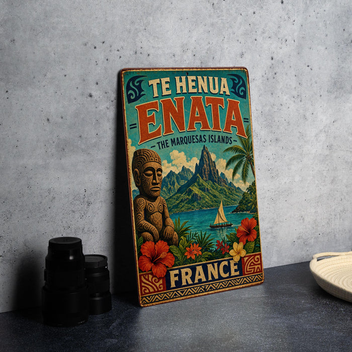 A vintage-style metal sign with a tropical island landscape and a statue, advertising "TE HENUA ENATA" (The Marquesas Islands) and "FRANCE" (France).