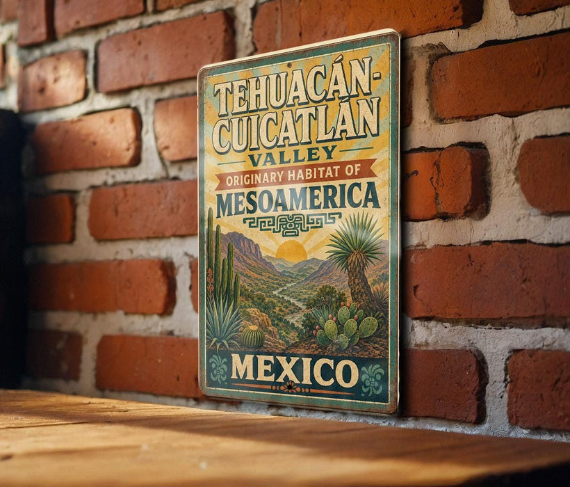 A vintage-style metal sign with text and illustrations of a desert landscape, mounted on a brick wall.