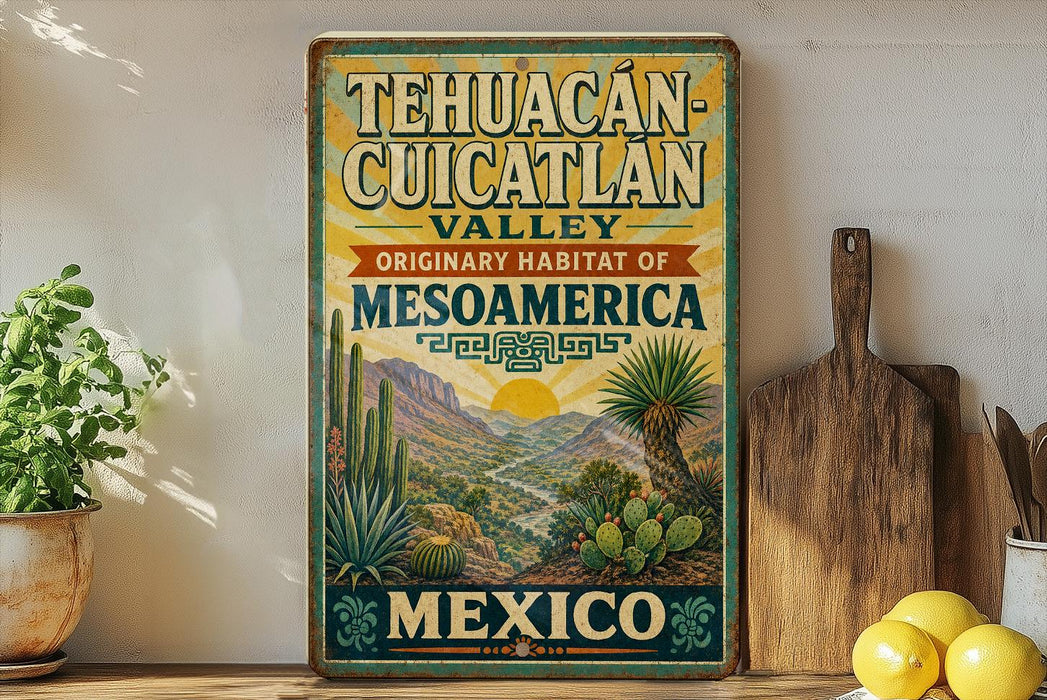 A vintage-style poster advertising the Tehuacan-Cuiclan Valley, which is described as the "Original Habitat of Mesoamerica" and "Mexico", is displayed on a wall next to a wooden cutting board and some potted plants.